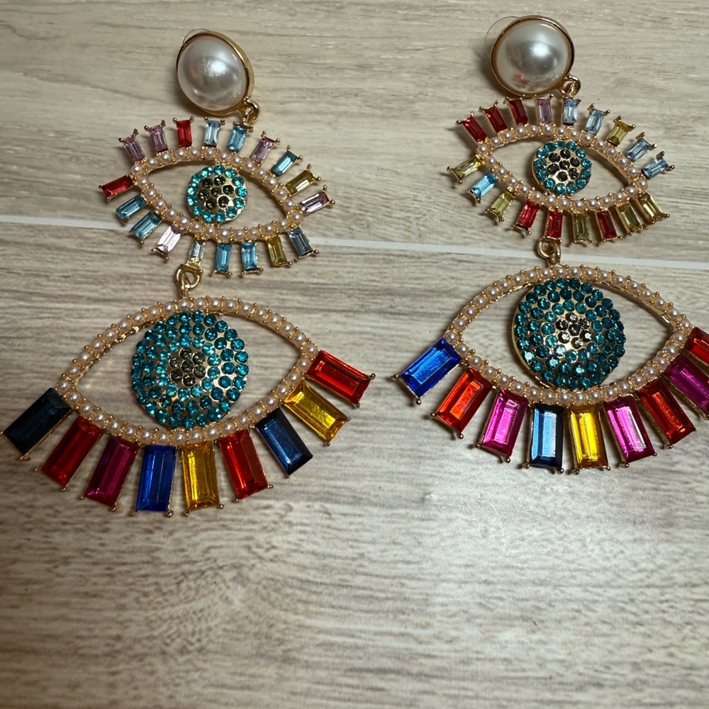 Evil Eye Statement Earrings Multicolor Rhinestone… - image 2